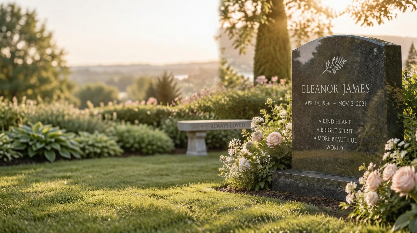 Sunlit memorial garden with a crafted granite headstone surrounded by flowers
